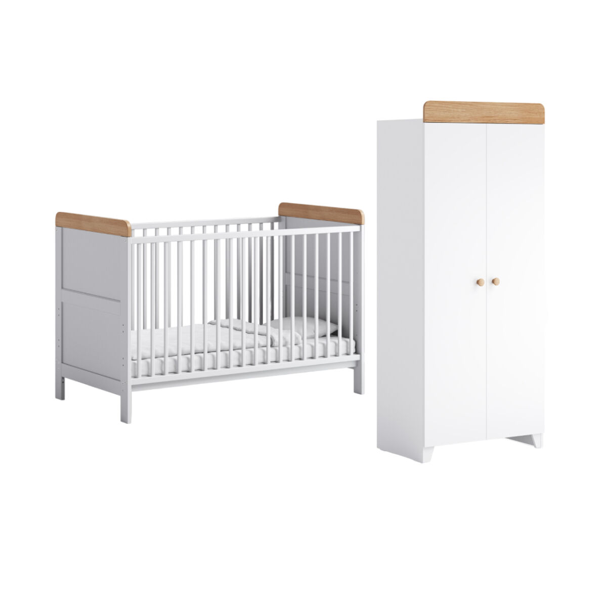 Aya Neo 2 Piece Cot Bed & Wardrobe Roomset - White/Oak - Everything Baby