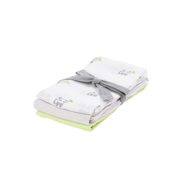 Kiki & Sebby Bamboo Pack of 3 Cotton Muslin Squares – Panda/Gr